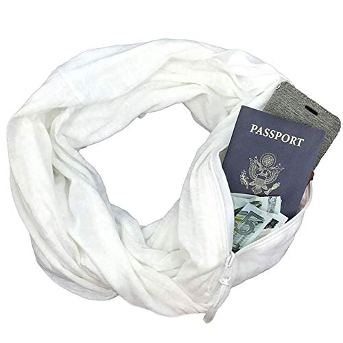 Zebery Bufanda de Viaje Unisex Infinity Loop con Bolsillo Oculto con Cierre, Color sólido, Blanco, One Size fit All