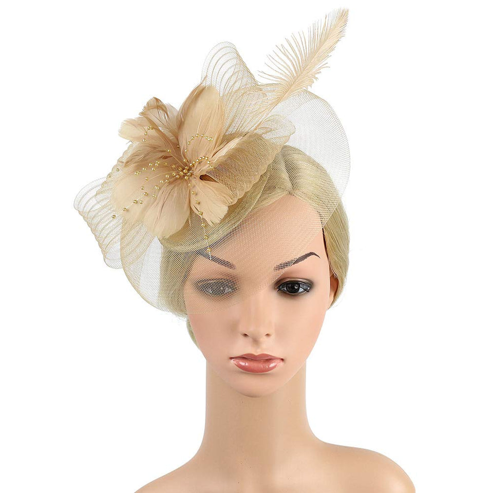 Fenical Pinza para el Cabello, Sombrero de Copa Mini Sombrero con Flores, Malla, Arco, Horquilla, Accesorio para Disfraz, para Dama de niña
