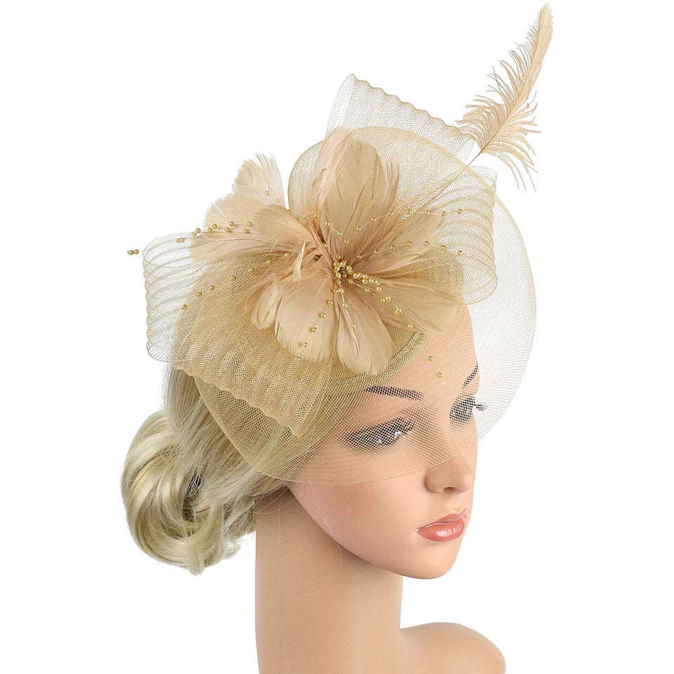 Fenical Pinza para el Cabello, Sombrero de Copa Mini Sombrero con Flores, Malla, Arco, Horquilla, Accesorio para Disfraz, para Dama de niña